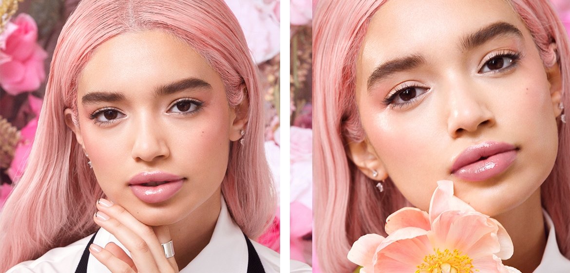 Junge Frau mit Rosa Haaren und zwei verschiedenen Make-up Varianten